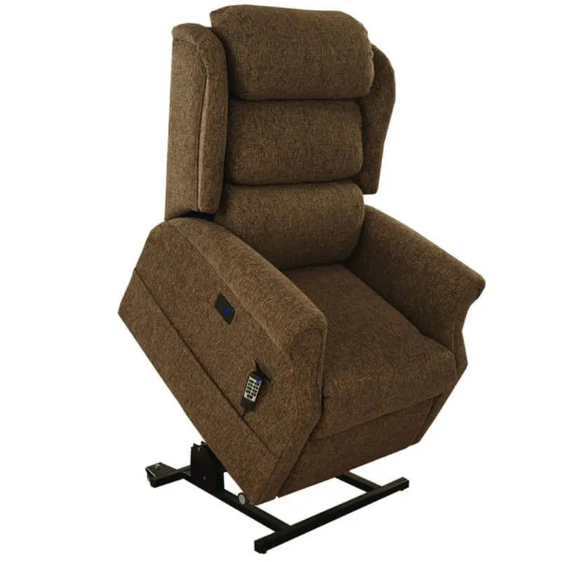 Keepmobile Scooters Iconic Waterfall Back recliner chair with quad motor and natural upholstery, featuring a stylish waterfall back design.