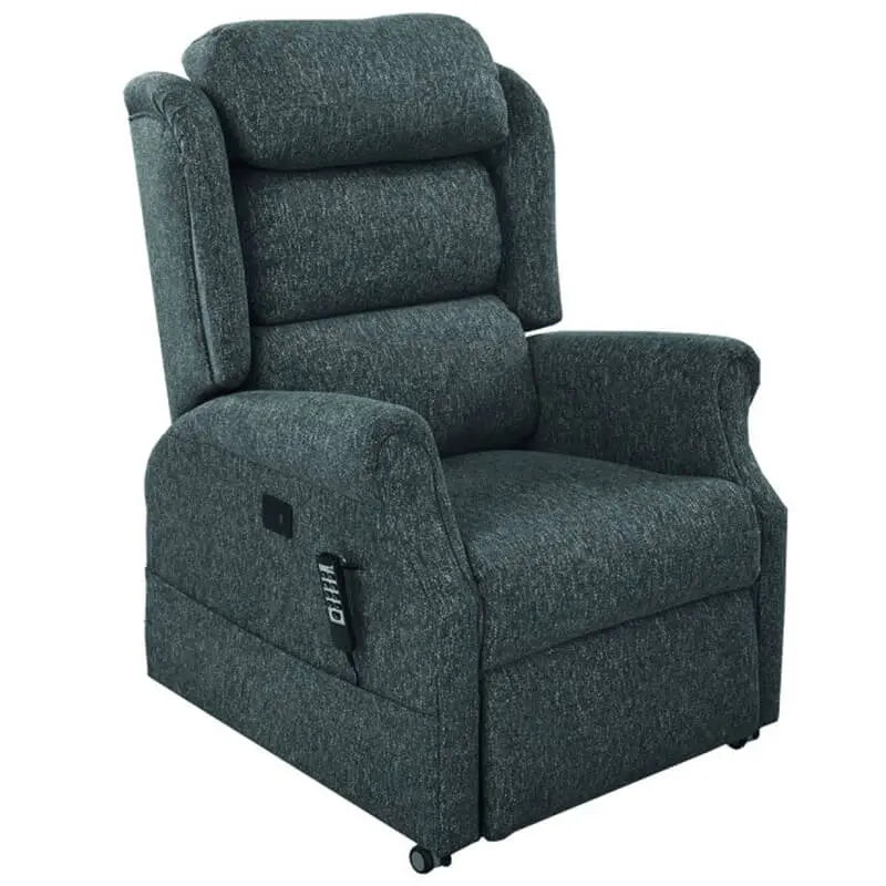 Keepmobile Scooters Iconic Waterfall Back recliner chair with smoke-colored upholstery, featuring a stylish waterfall back design.