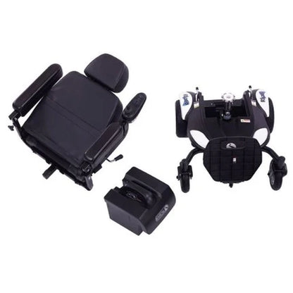 Dismantled Rascal Razoo power wheelchair by Electric Mobility with removable components and adjustable features.
