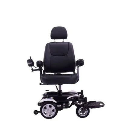 Side view of the Rascal Razoo power wheelchair by Electric Mobility, showing its compact design and sturdy frame.