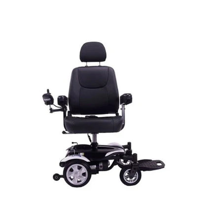 Side view of the Rascal Razoo power wheelchair by Electric Mobility, showing its compact design and sturdy frame.