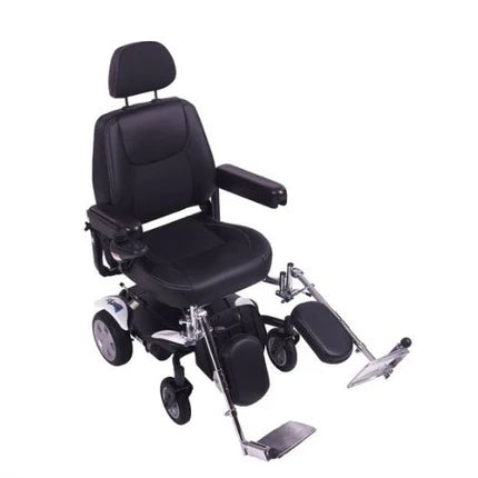 Electric Mobility Rascal Razoo power wheelchair with swing-away footplates, compact design, and adjustable seating.