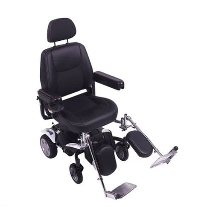 Electric Mobility Rascal Razoo power wheelchair with swing-away footplates, compact design, and adjustable seating.