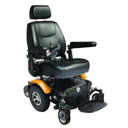 Orange Rascal Rivco power wheelchair by Electric Mobility with a sturdy frame and comfortable seat for mobility assistance.