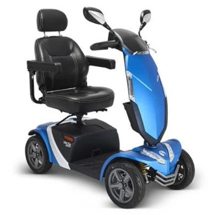 Blue Vecta Sport mobility scooter by Electric Mobility, compact design with 8 mph top speed, suitable for easy outdoor travel.