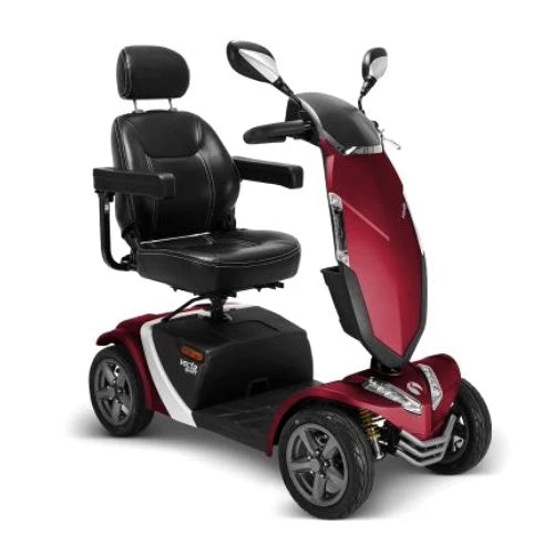 Red Vecta Sport compact mobility scooter by Electric Mobility, shown with sleek design and sturdy build for easy outdoor use.
