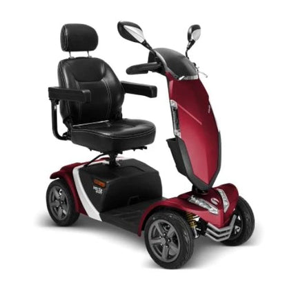Red Vecta Sport compact mobility scooter by Electric Mobility, shown with sleek design and sturdy build for easy outdoor use.