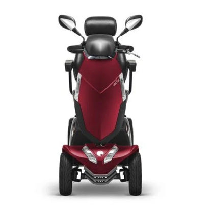 Red Vecta Sport mobility scooter by Electric Mobility, compact design, front view showing the sleek build and control panel.