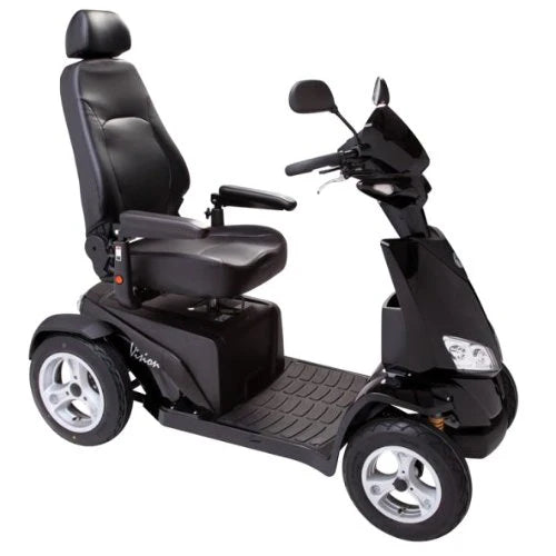 Black Electric Mobility Rascal Vision mobility scooter with comfortable seat and control panel for easy outdoor travel.