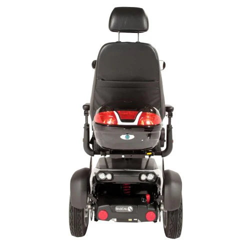 Rear view of Electric Mobility Rascal Vision mobility scooter with sturdy wheels and compact design.