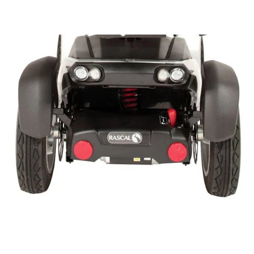 Rear view of Electric Mobility Rascal Vision mobility scooter showing suspension system and compact design.