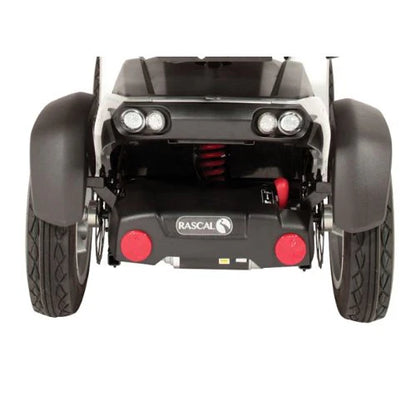 Rear view of Electric Mobility Rascal Vision mobility scooter showing suspension system and compact design.