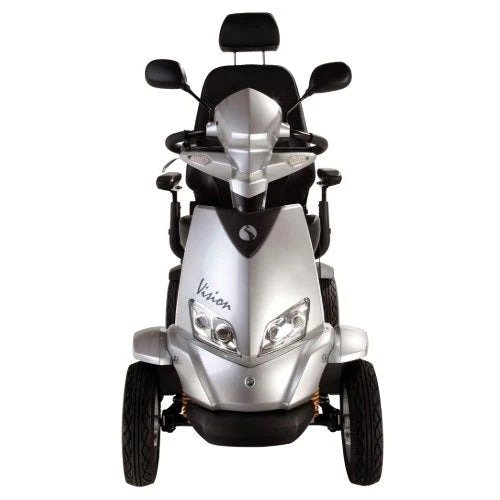 Silver Electric Mobility Rascal Vision mobility scooter with a comfortable seat and sturdy frame, designed for easy indoor and outdoor use.