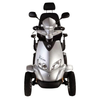 Silver Electric Mobility Rascal Vision mobility scooter with a comfortable seat and sturdy frame, designed for easy indoor and outdoor use.