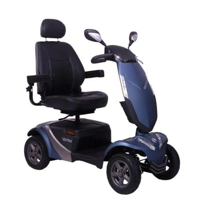 Blue Electric Mobility Rascal Vortex mobility scooter with a sturdy seat and compact design for easy transportation.