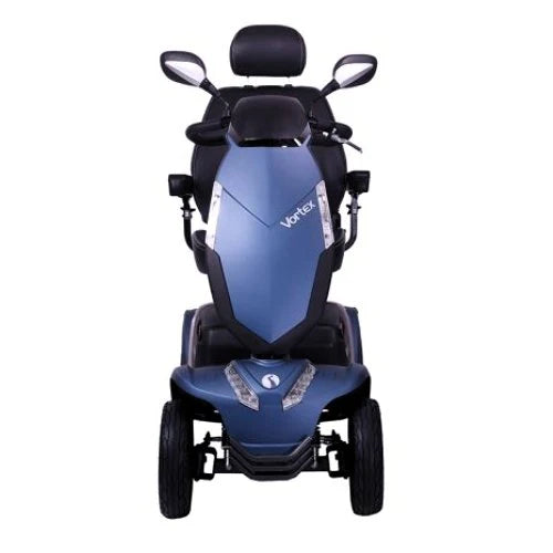 Blue Electric Mobility Rascal Vortex mobility scooter front view showing handlebars and seating area.