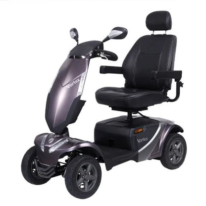 Electric Mobility Rascal Vortex grey mobility scooter with a comfortable seat and control panel for easy riding.