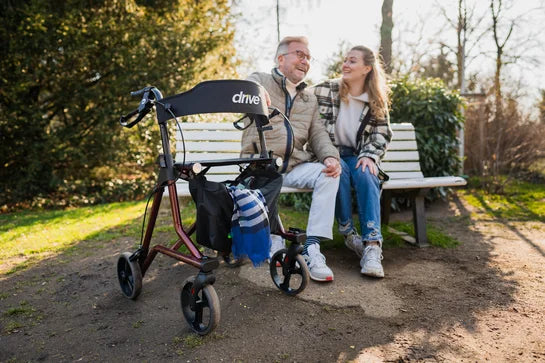 Drive Torro rollator with adjustable height, padded seat, and ergonomic handles, designed for comfortable mobility support.