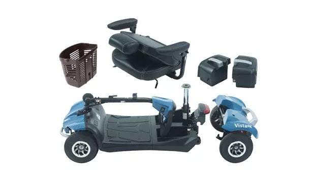 Blue Rascal Vista DX mobility scooter by Electric Mobility, with seat and control panel visible in the image.