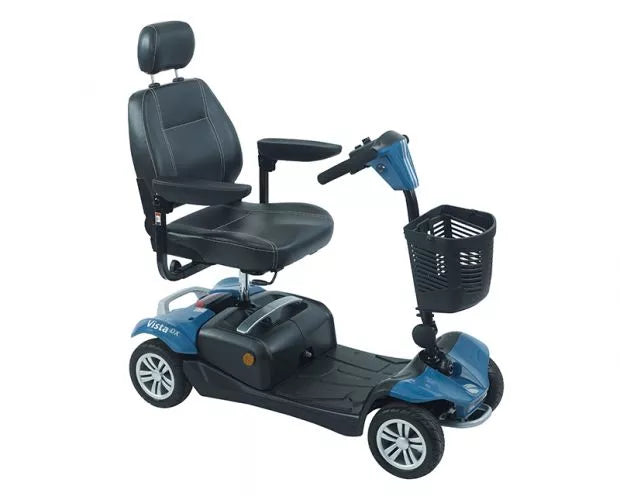 Blue Rascal Vista DX mobility scooter by Electric Mobility with comfortable seat and sturdy frame for outdoor use.