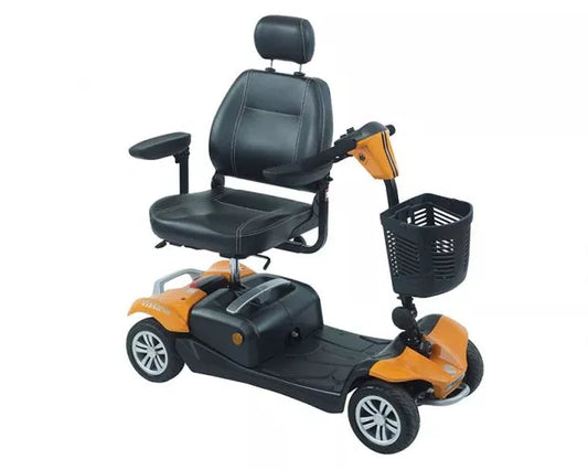 Orange Electric Mobility Rascal Vista DX mobility scooter with a sleek design and comfortable seating.