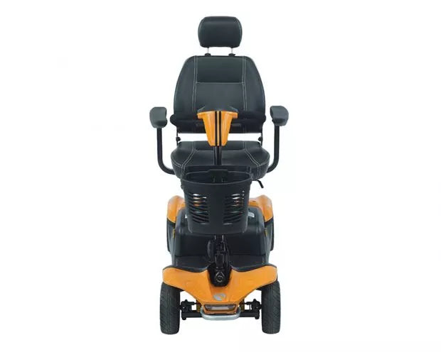 Orange Rascal Vista DX mobility scooter by Electric Mobility, showing its compact design and comfortable seating.