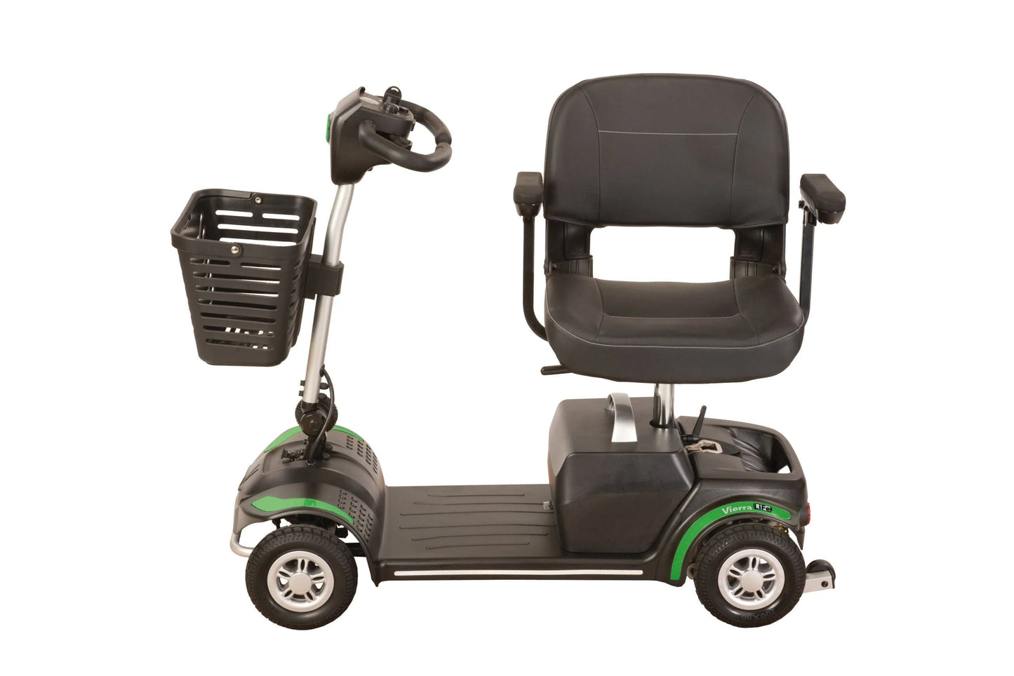 Green Vierra LiFe mobility scooter by Electric Mobility, side view showing full swivel seat and sturdy design.