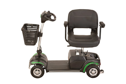 Green Vierra LiFe mobility scooter by Electric Mobility, side view showing full swivel seat and sturdy design.