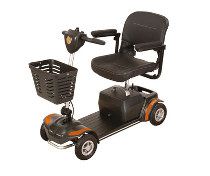 Orange Vierra LiFe mobility scooter by Electric Mobility, shown with comfortable seat and sleek design for easy outdoor travel.