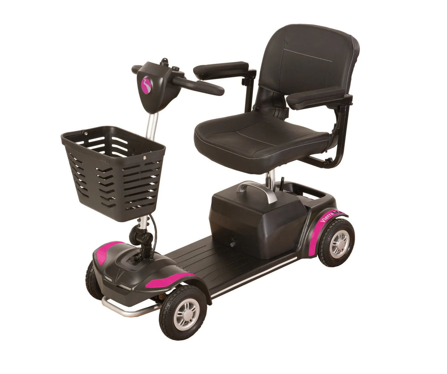 Pink Vierra LiFe mobility scooter by Electric Mobility, compact design with comfortable seat and handlebars for easy outdoor use.