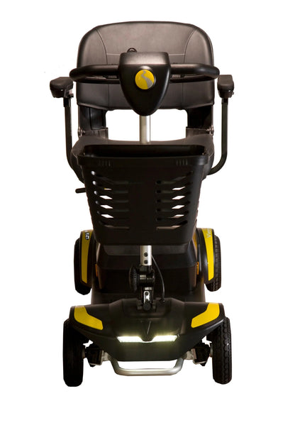 Yellow Vierra LiFe mobility scooter by Electric Mobility, front view with lights, designed for easy outdoor travel.