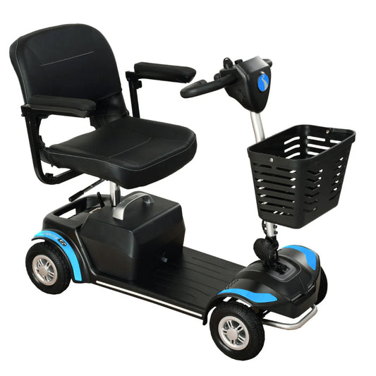 Blue Vierra LiFe mobility scooter by Electric Mobility with comfortable seat and compact design for easy outdoor travel.