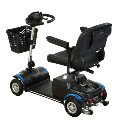 Blue Vierra LiFe mobility scooter by Electric Mobility viewed from the rear, showcasing its compact design and sturdy build.