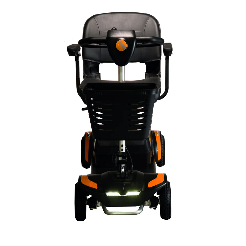 Orange Vierra LiFe mobility scooter by Electric Mobility with a compact design and comfortable seat, suitable for easy outdoor travel.