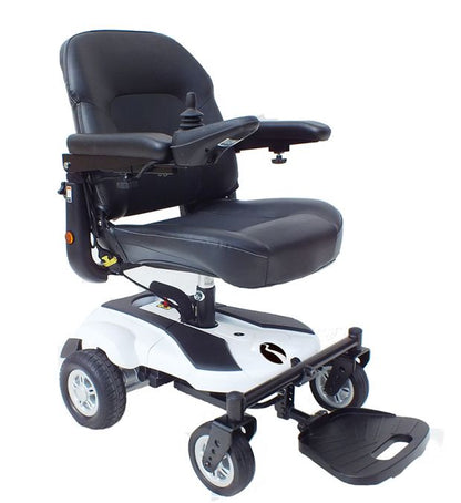 Electric Mobility Rascal Rio power wheelchair with a sleek design and comfortable seating for enhanced mobility.