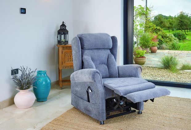 Electric Mobility Fenlake tailored lateral riser recliner chair with plush upholstery and adjustable features.
