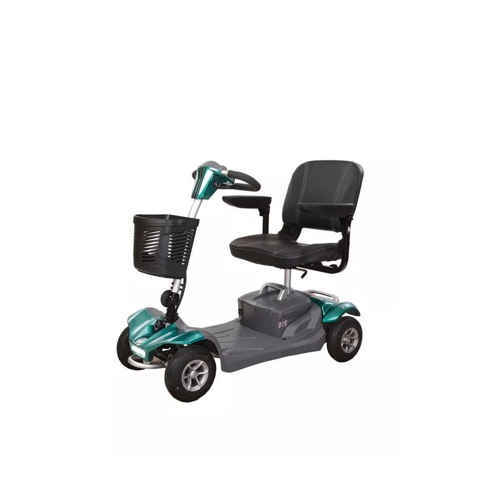Electric Mobility Rascal Vista Liteway mobility scooter showing front and side view in green color.