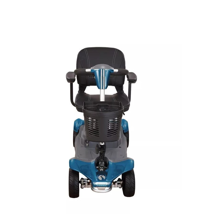 Electric Mobility Rascal Vista Liteway mobility scooter shown from the front in blue, featuring a compact design for easy transportation.