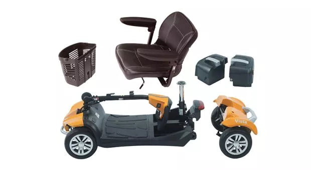 Disassembled Electric Mobility Rascal Vista mobility scooter with gold-colored frame and components, showing parts on a white background.
